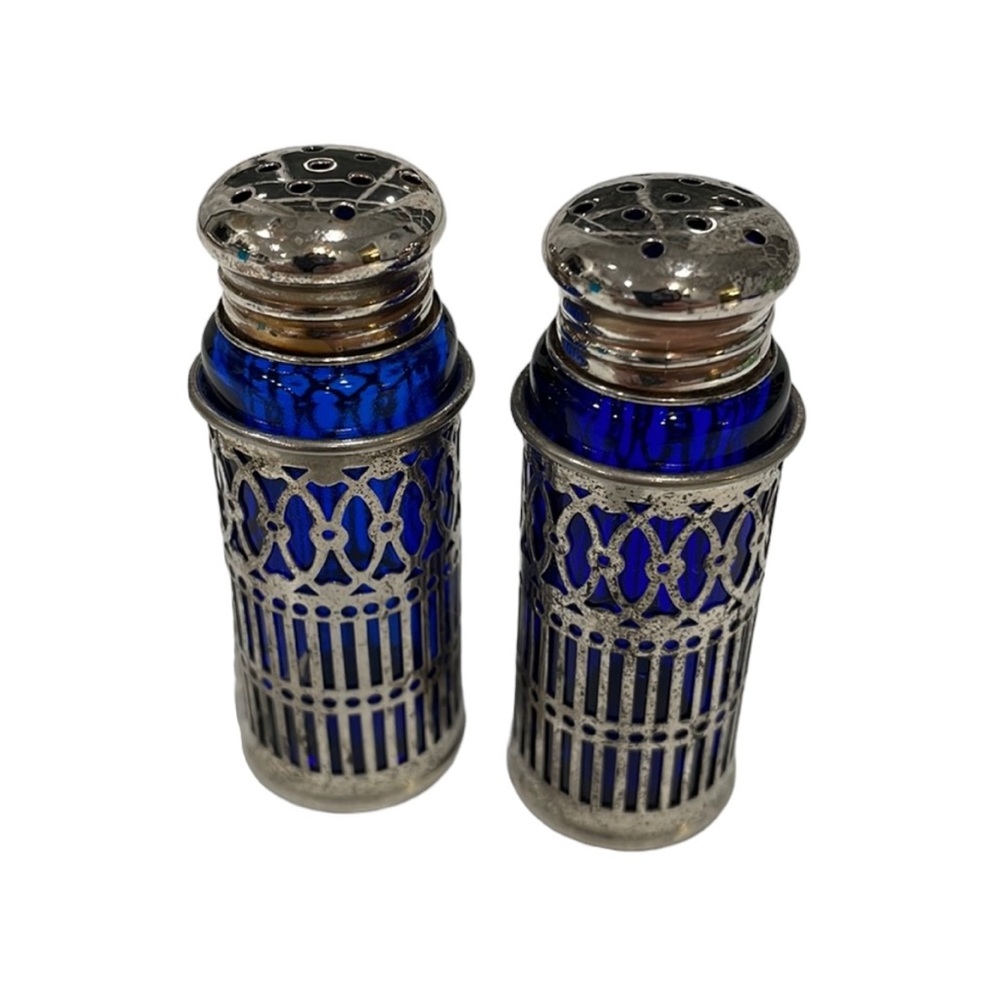 Vintage FB Rogers Cobalt Glass and Silver Filigree Salt and Pepper Shakers.